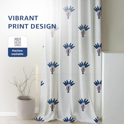Image of Amazon Basics - Floral Print Light Filtering Curtains | 100% Cotton 150 TC | Set of 2 | 5 Feet | 115 x 150 cm | Blue | Eyelets & Tiebacks| Ideal for Bedroom and Living Room