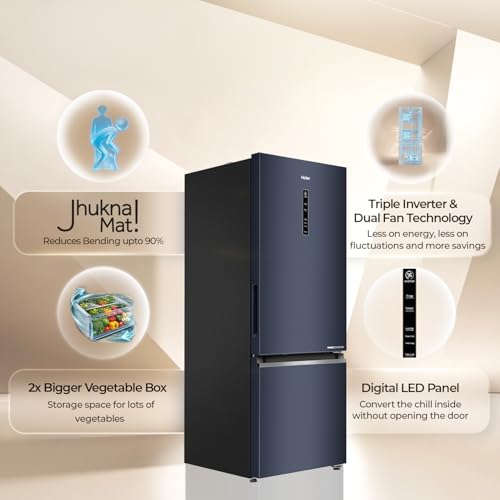 Image of Haier 325 L 3 Star Frost Free Triple Inverter Bottom Mount Refrigerator, Digital Touch Display & 2X Bigger Fresh Storage (HEB-333GBA-P, Graphite Black, 14 In 1 Convertible Modes, 2026 Model)