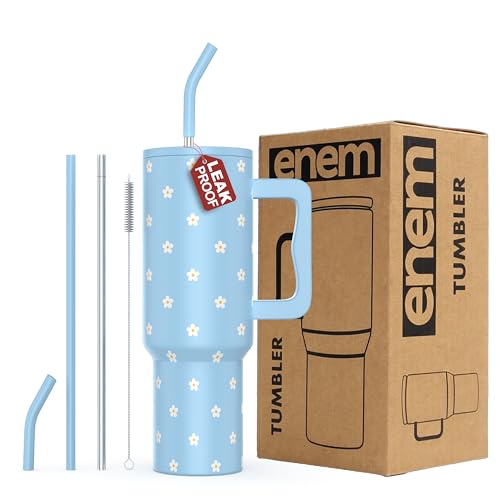 Image of enem Tumbler, Sky Bloom, Insulated Premium Vacuum Leak Proof Tumblers, Stainless Steel Travel Mug with Handle, Lid & Straw, 1.2L Tumbler for Coffee, Iced Tea, or Water