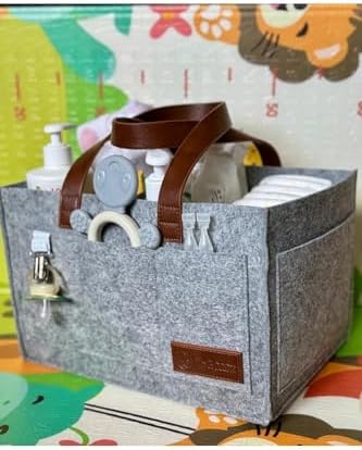 Deri Kulplu Keçe Çanta - Anne Bebek Düzenleyici – Bebek Bakım Keçe Organizer - Gri - Görsel 2
