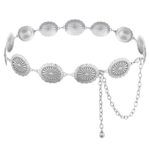 Women Concho Chain Belt Metal Link Western Cowgirl Turquoise Waist Chain Belts for Dress Jeans