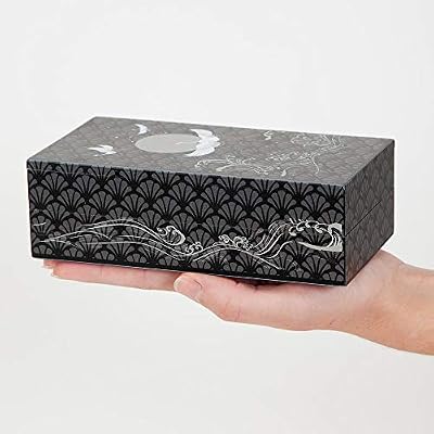 Bits and Pieces 10 Step Secret Puzzle Box Japanese Crane Puzzle Gift Box for Trinkets Money Gifts Jewelry, Full Moon and Lotus Flowers Artwork, Black and Grey Brainteaser, 3.25 x 6.25 x 2 Inches