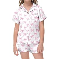 Kids Girls Satin Pyjamas Two Piece Summer Girls Short Sleeve Silky Pjs Sets Bow Knot Printed Pyjamas Button-Down Nightwear Children Sleepwear for Kid Teens Age 2-13 Years