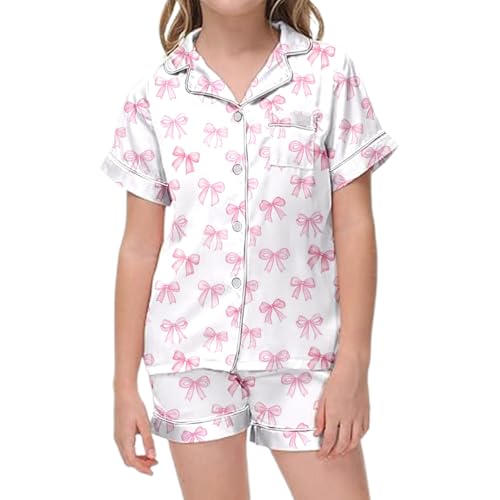 Robe Enfant Fille 4 Ans Rose Pyjama en Satin de Soie avec nœud pour la Saint-Valentin, Ensemble 2 pièces avec Short boutonné et nœud Mignon, vêtements de détente, Robe (White, 12-13 Years)