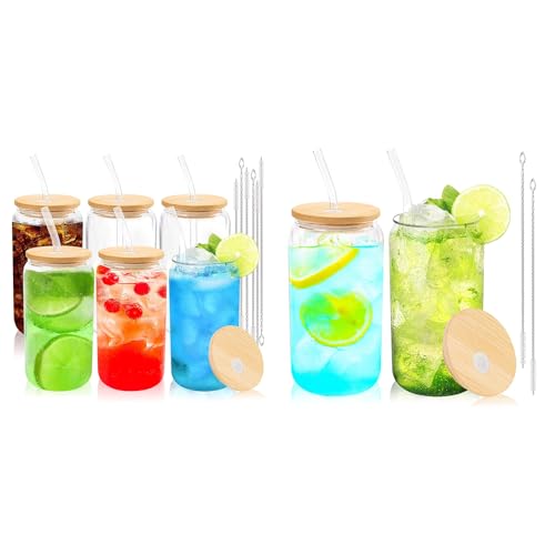 Joyclub Bundle of Glass Cups with Bamboo Lids and Straws 6 Set 16 oz and Glass Cups with Bamboo Lids and Straws 2 Set 16 oz