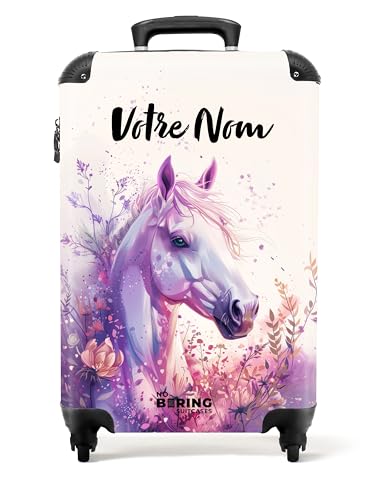 NoBoringSuitcases.com Valise Enfant Cabine Rose à 4 Roulettes, Personnalisable - 55x35x25cm (Cheval - Violet-Rose)