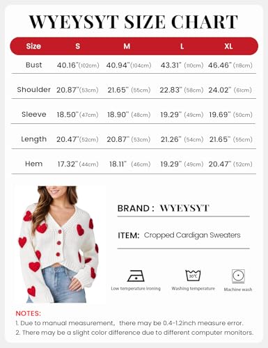 Image of Women Valentines Day Cropped Cardigan Sweaters Love Heart Printed Open Front Button Down Knit Sweaters Tops(White-M)