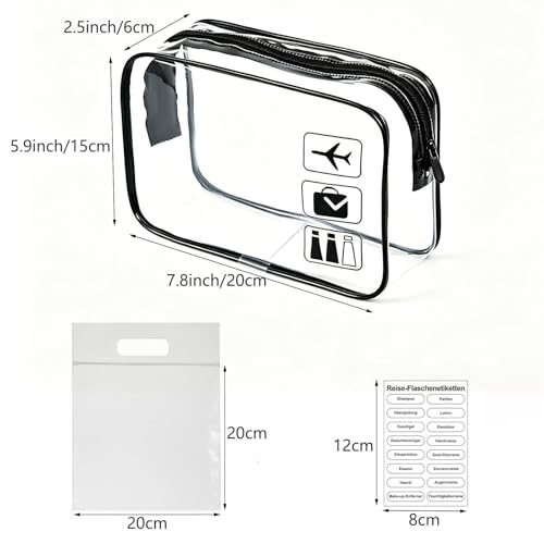 LECUNE Transparenter Kulturbeutel mit Reiseflaschenset, 13 Stück Reisen Flaschen Set(100ml) und 1 Stück Plastikbeutel für Flüssigkeiten zugelassen (20x20cm),Flughafen-konforme Tasche,Reisezubehör