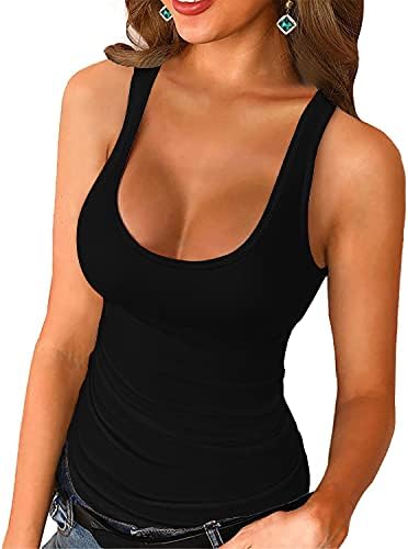Deerludie & T Womens Scoop Neck Ribbed Tank Tops Low Cut Solid Sexy Summer Sleeveless Henley Shirts U-Black M