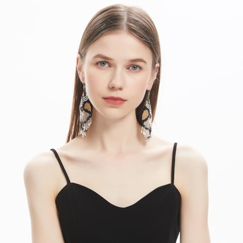 Geometric Beaded Earrings – Long Bohemian Handmade Large Tribal Native Beaded Tassel Drop Earrings for Women, Big Boho Seed Bead Fringe Chandelier Dangle Earrings2