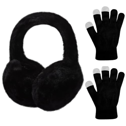 Kids Plush Earmuffs and Gloves Set Girls Boys Winter Faux Fur Ears Muffs Covers Outdoor Ear Warmers Age 7-12