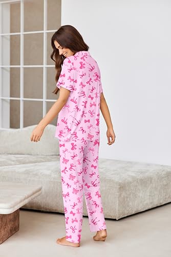 Image of Ekouaer Pajamas for Women Set Button Up Short Sleeve Pjs Sets With Pockets | Soft Womens Sleepwear,V Neck,Notch Collar,2 Piece Classic Loungewear With Long Pant for Sleep,Lounge,Fall