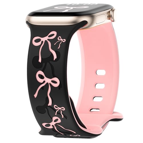 YMHML Bow Band Compatible with Apple Watch Bands for Women 40mm 42mm 41mm 38mm 44mm 45mm 46mm 49mm, Engraved Cute Silicone Inlay Dressy Pink Ribbon Strap for iWatch Series 10 9 8 7 6 5 4 3 SE Ultra
