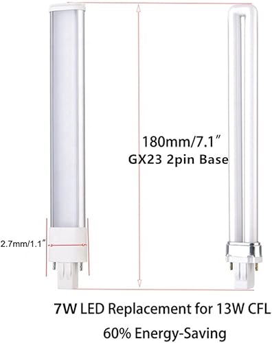 Miniatura 3 de Paquete de 2 bombillas LED horizontales PL GX23 de 7 W y 2 pines, equivalente a CFL de 13 W, bombilla LED de repuesto PLS-13W Plug & Play (blanco