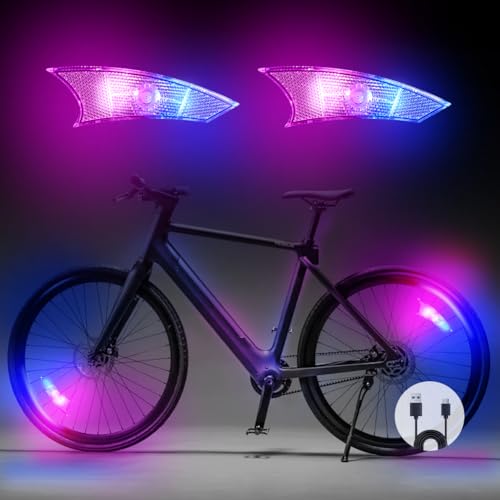 Flintronic 2PCS Luz para Radios de Bicicleta, Luz LED Intermitente para Ruedas de Neón, Luz Impermeable para Radios de Bicicleta, Rosa+Azul (Recargables)