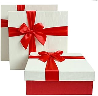 Emartbuy Set of 3 Rigid Presentation Gift Box, Textured Burgundy Box with Black Lid, Brown Interior and Striped Decorative Ribbon