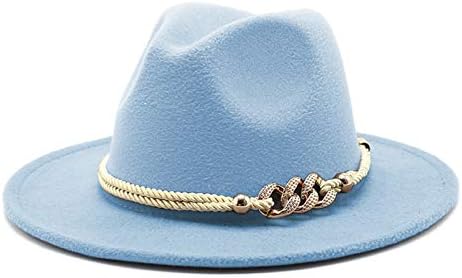 Gossifan Lady Fashion Wide Brim Felt Fedora Panama Hat with Ring Belt Baby Blue