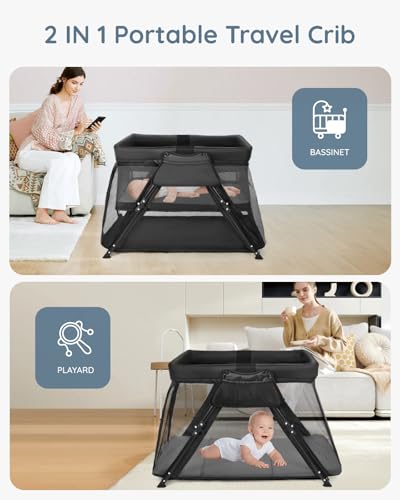 Image of Lilian&Gema 2-in-1 Travel Crib, Portable & Foldable Crib with Backpack, Lightweight Baby Travel Playpen with Thick Mattress for Babies & Toddlers, Baby Travel Essential
