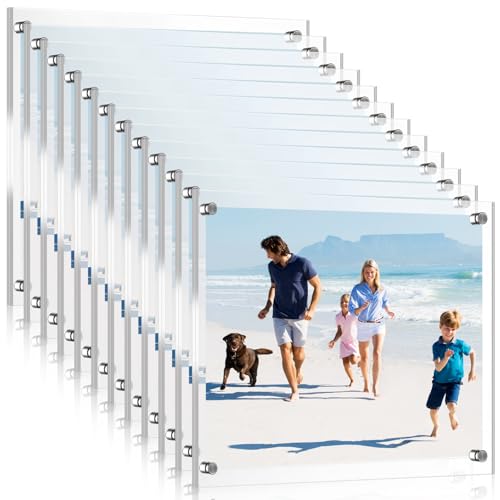 Yalikop 12 Pcs Acrylic Floating Picture Frame 8.5 x 11 Inches Wall Mount Frameless Photo Frames Double Panel Clear for Home Office Photo Display, Full Size 9.6 x 13.2 Inch (Silver)