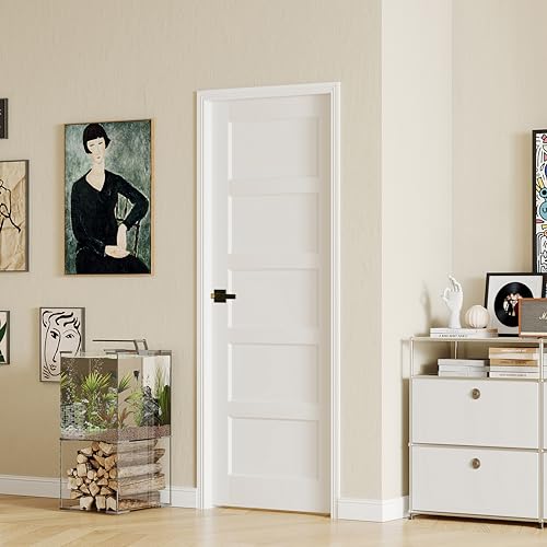 Image of 24 inch x 80 inch Slab Door, 5-Panel Pantry Wood Door with Black Door Lever, Interior Single Door Panel for Closet & Bedroom, Classic Style as Prehung, Pocket, Bifold, Barn Doors