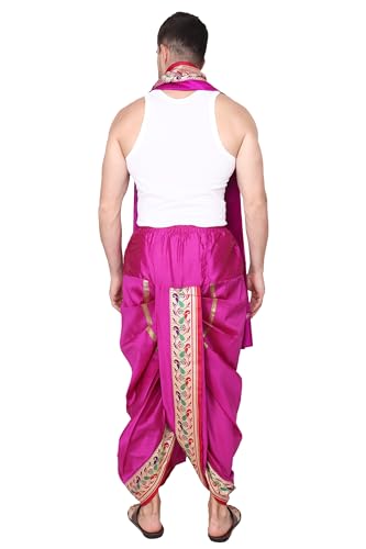 Image of Rameshwaram Fabrics Readymade Dhoti for Men, Velcro Style Stitched Mens Silk Dhoti Pant with Stole Set