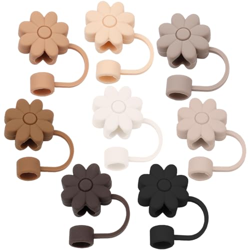 8PCS Silicone Straw Covers Toppers for Stanley Cups 30&40 Oz Tumbler Accessories Flower Straw Caps Brown Dust-Proof Reusable Straw Tips Protectors for Stanley Cup with Handle 10mm 0.4in Straws