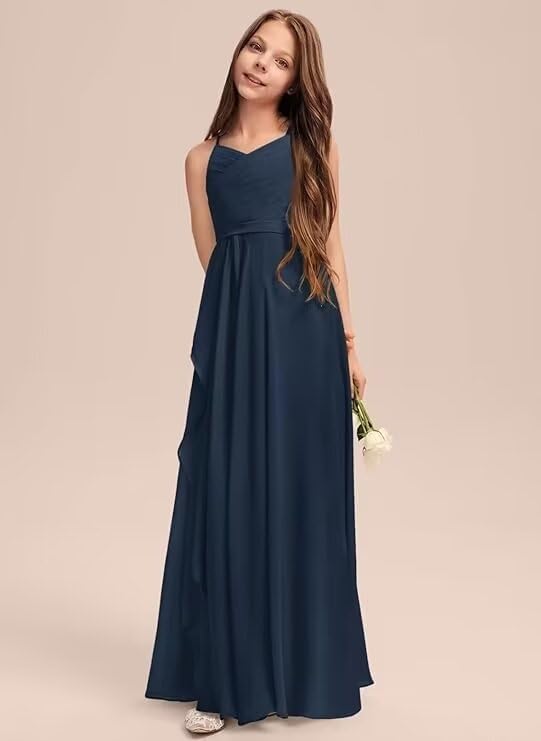 Girls A-Line Halter Dress Junior Bridesmaid Dress Flower Girl Flowy Chiffon Maxi Dresses Wedding Party Pageant Gown3