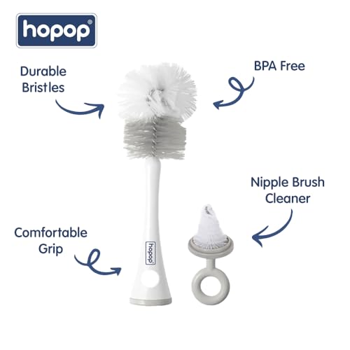 Image of Hopop Baby Feeding Bottle Cleaning Brush & Nipple Cleaner | 2 in 1 Flexible Bristle Bottle Brush| Grooved Handle with Easy Hanging Storage | Easy to Clean Narrow & Wide Neck Feeding Bottles |Grey
