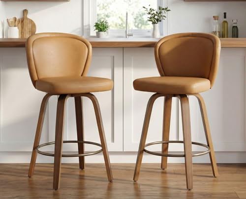 Image of HNY Swivel Counter Height Bar Stools Set of 2, 26 Inch Barstools with Wanlut Wooden Leg and Back, Faux Leather Upholstered Counter Stools for Kitchen Island, Brown