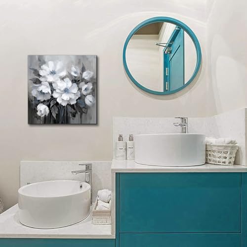 AnZhongArt Bathroom Canvas Wall Art, Bathroom Wall Decor,Living Room, Bedroom,Office,Small Gray and White Blue Flower Wall Decoration, 12x12 inches - Image 4