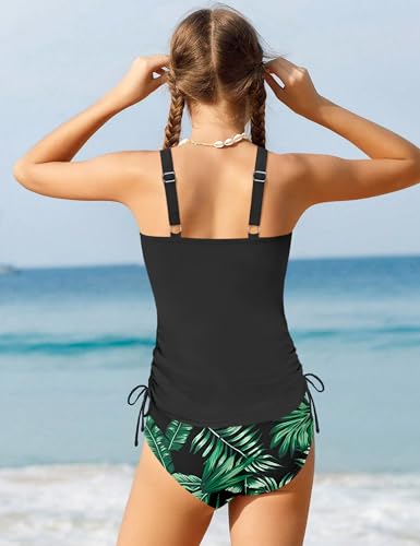 Girls Tankini Swimsuit Two Piece Bathing Suit Tropical Print V-Wire Drawstring Swimwear Set for Girls 9-16 Years4