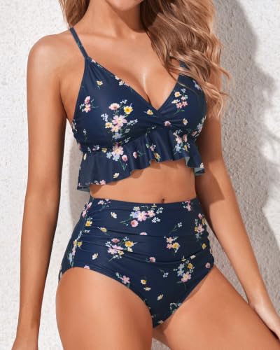 Image of Women Ruffle Bikini Set High Waisted Tummy Control Two Piece Swimsuits | Ruffle,High Waisted,Tummy Control,Removable Bra Pads,Adjustable Shoulder Straps,Full Coverage