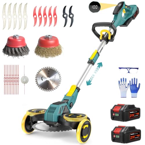 Rasentrimmer mit Akku, 21V Akku Rasentrimmer für Makita Akku, Rasentrimmer mit Unkrautbürste, 2 * 4.0Ah 5 in 1 Rasentrimmer, 900W Bürstenloser Motor Freischneider Akku für Rasen, Garten, Hof(Blau)
