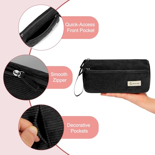 Image of FINPAC Pencil Case, Corduroy Triangle Makeup Bag, Kawaii Pen Bag Pouch Holder Box Organize for Study, Office, or Travel, Black