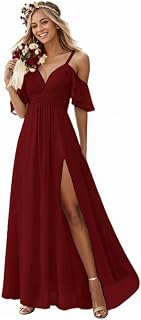 Off The Shoulder Chiffon Bridesmaid Dresses for Women with Slit A Line Formal Evening Party Dress with Pockets FBD001