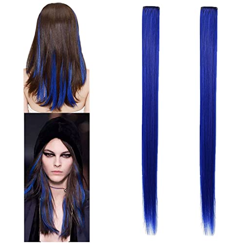 Image of Reusable Coloured Hair Streaks Extensions For Women Hair Coloured Hair Extension For Girls Set of 2 Pcs (Royal Blue)