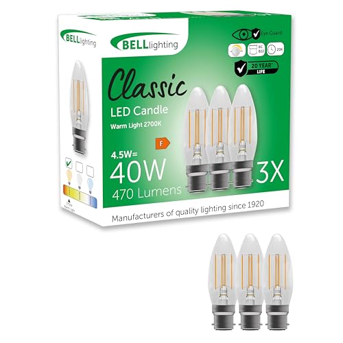 BELL Lighting B22 LED Candle Bulb Bayonet Light Bulb 3 Pack | Warm White 2700K | Filament Dimmable Candle Light Bulb | 470 Lumen 4.5W | 40W Equivalent Energy Saving Bulb B22