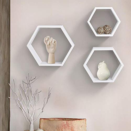 Ahdecor Wall Mounted Hexagon Floating Shelves, Wooden Wall Organizer Hanging Shelf For Home Decor, Set Of 3, White #TOP1