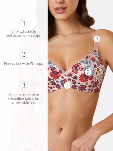 Image of Triumph Midnight Garden Bra for Women Padded Non Wired Seamless Bra Floral Printed T-Shirt Bra Wireless Full Coverage Lingerie Detachable Silky Straps with Elegant Lace Trim Pack of 1