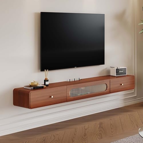 Meuble TV flottant bois suspendu étroit salon console multimédia 220 cm