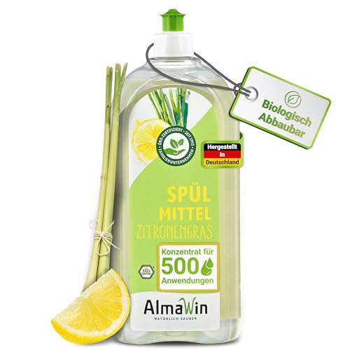 AlmaWin® Organic Washing Up Liquid with Lemongrass Fragrance - 1 Litre Sink - Powerful Dishwasher Liquid with High Grease Dissolving Power - Vegan Dish Soap - Rich Concentrate