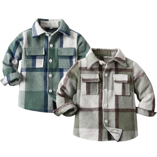 Image of Feidoog Toddler 2 Pack Baby Boys and Girls Plaid Shirts Jacket Long Sleeve Lapel Button Down Top Outwear Clothes