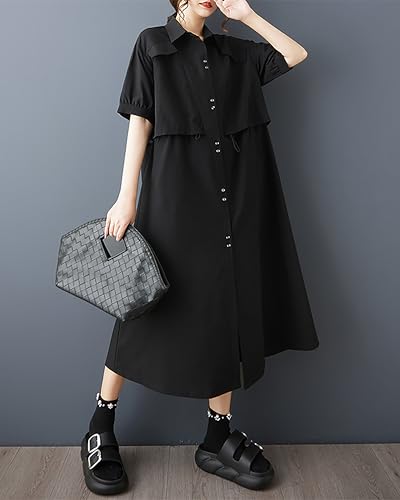 ellazhu Women's Dress Solid Lapel Button Down Two Side Pockets Short Sleeve Plus Size Maxi Loose Casual Fashion GZ587 A3