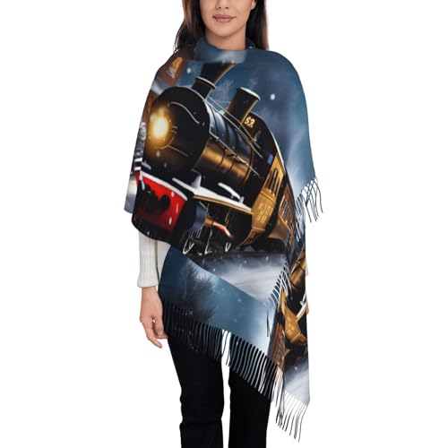 Winter Christmas Snow Night Railway Train Print Tassel Scarf For Women Men,Soft Scarf Shawl For Winter Fashion, Lightweight Scarf Shawl