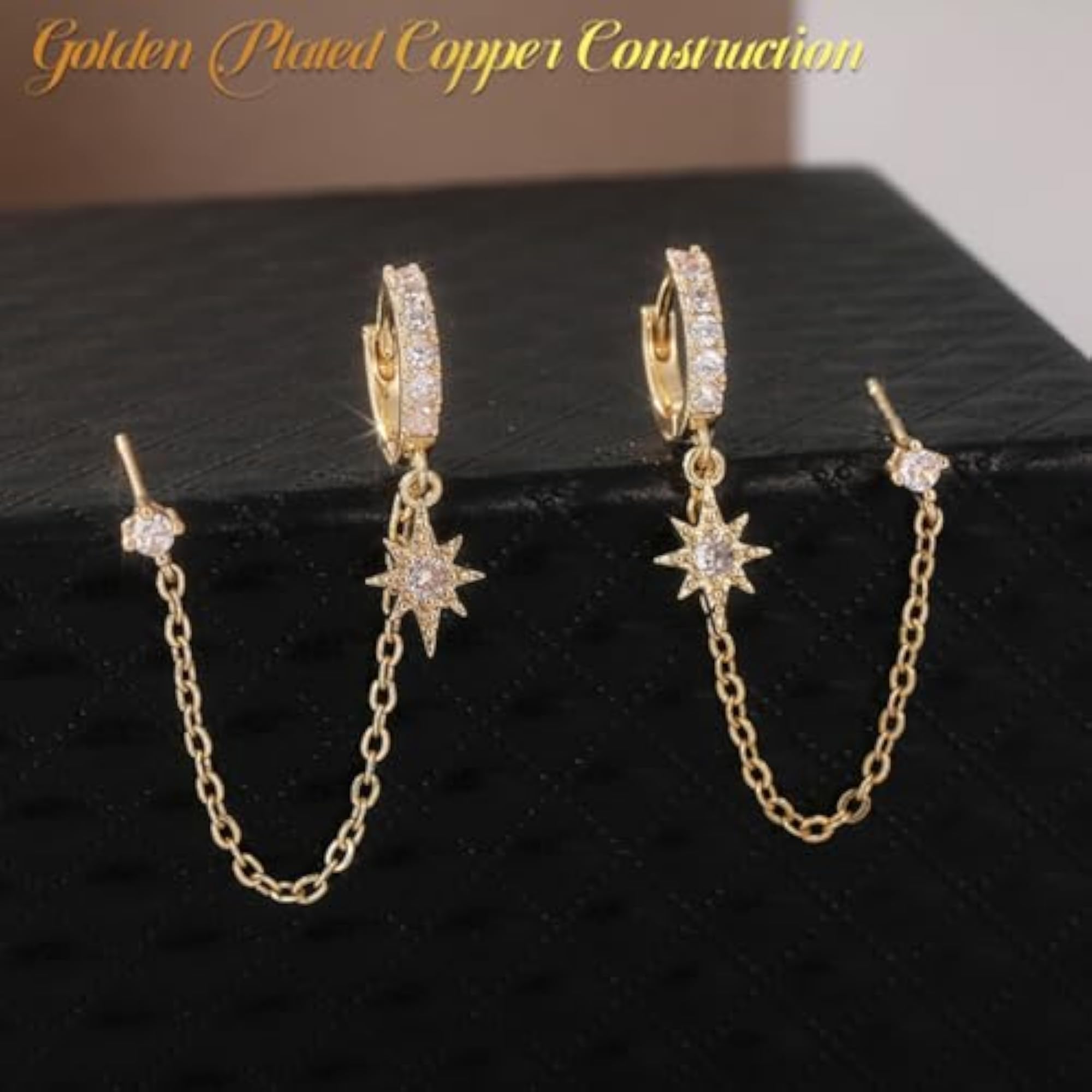 Women's Gold Star Rhinestone Stud Earrings, Sparkling Pendant