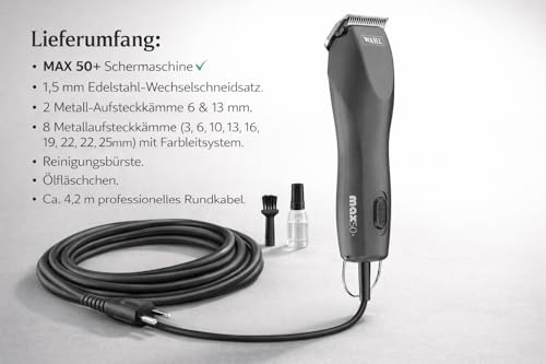 Rotschopf24 Edition: Profi Hunde Schermaschine MAX 50+ mit 8 extra Metallaufsteckkämme + Tasche. Stärker als Moser MAX50