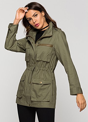 Escalier Women's Anorak Jacket Lightweight Drawstring Hooded Military Parka Coat Army Green - Thumbnail 7