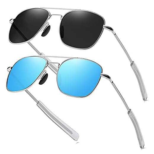 Rcxkoom Óculos de sol masculinos aviador do exército americano com lentes polarizadas de piloto militar, Armação prata lente preta + moldura prata azul espelhado