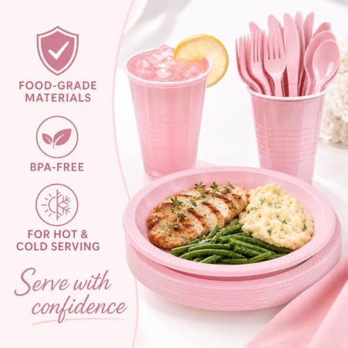 Tinybee 352 Pcs Pink Plastic Plates, Disposable Dinnerware Set for 50 — view 6