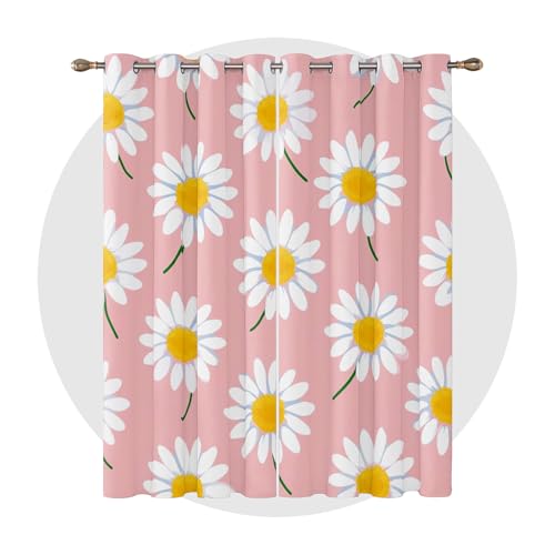 Daisy Decor Nursery - Daisy Curtains for Bedroom Living Room - Cute Floral Botanical Blackout Curtains, Flower Pink Eyelet Curtains & Drapes, 66 x 54 Inch (Width x Drop) 2 Panels